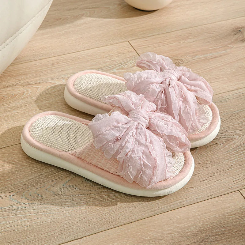 Houndstooth Fairy Bow Linen Summer Slippers