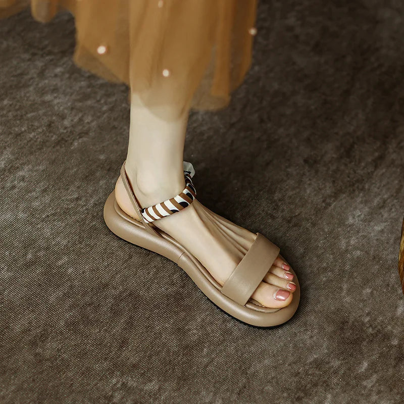 Sporty Genuine Leather T-Strap Flat Sandals