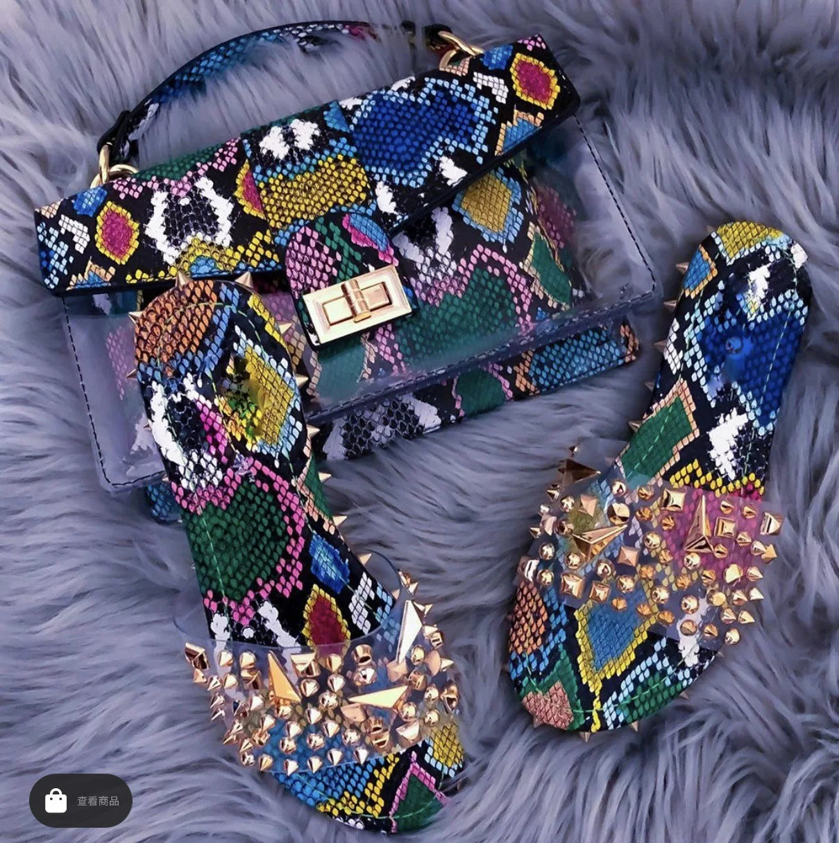 Stylish Snakeskin-Print Handbag and Matching Sandals Set