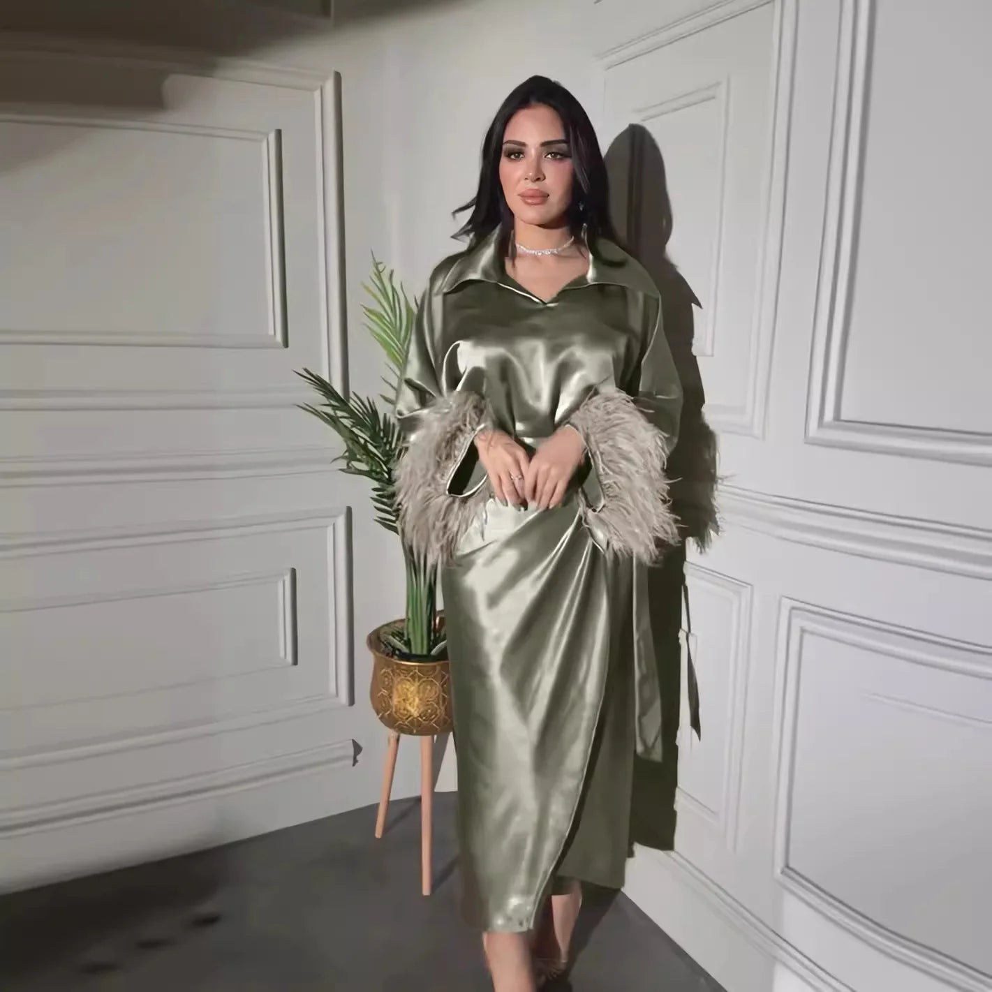 Trendy Long-Sleeve Green Abaya Maxi Dress