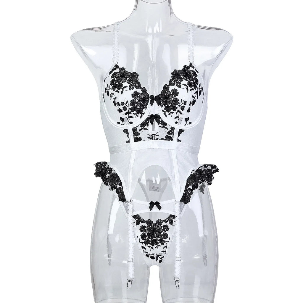 Embroidered Lace Lingerie Set with Garters
