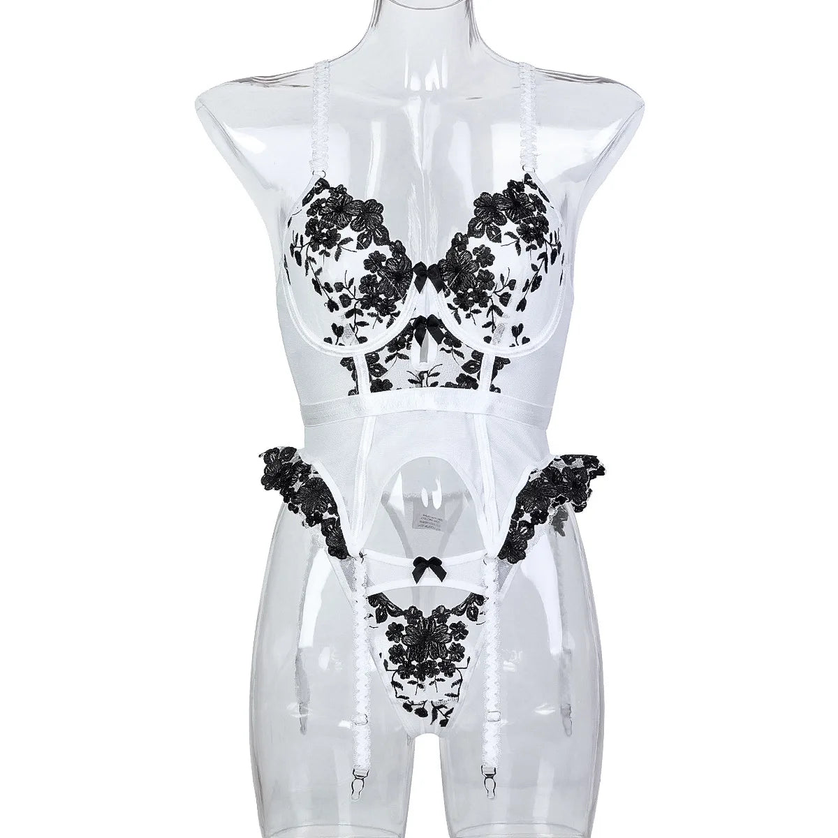 Embroidered Lace Lingerie Set with Garters