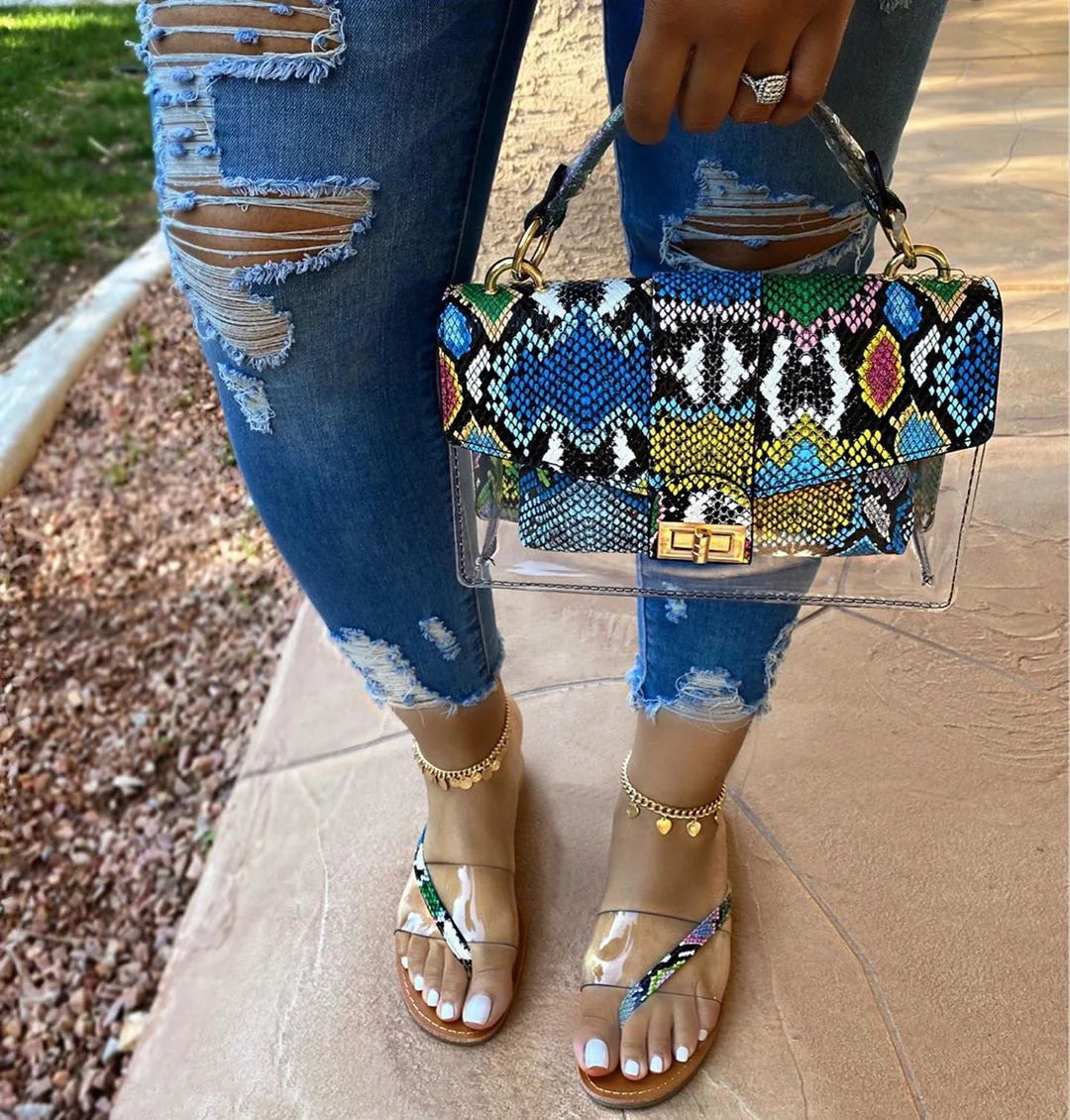 Stylish Snakeskin-Print Handbag and Matching Sandals Set