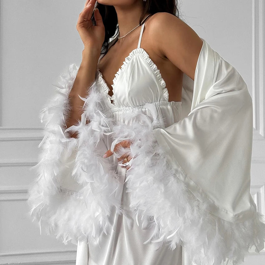 Luxurious 2-Piece V-Neck Robe Set with Feather Trim