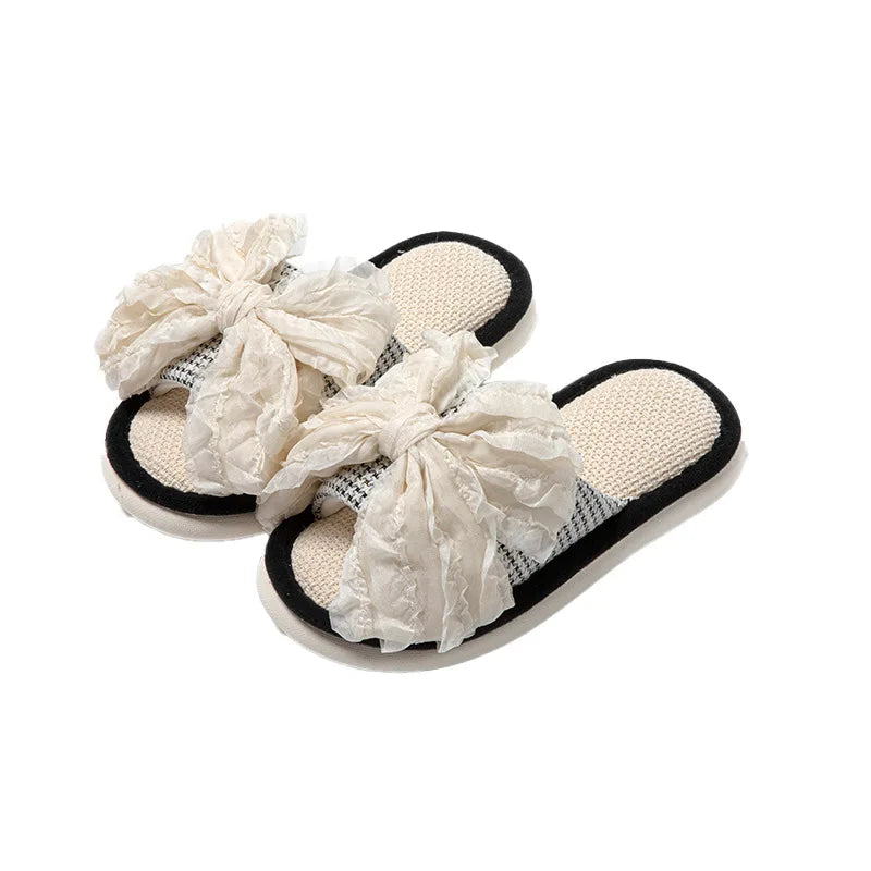 Houndstooth Fairy Bow Linen Summer Slippers