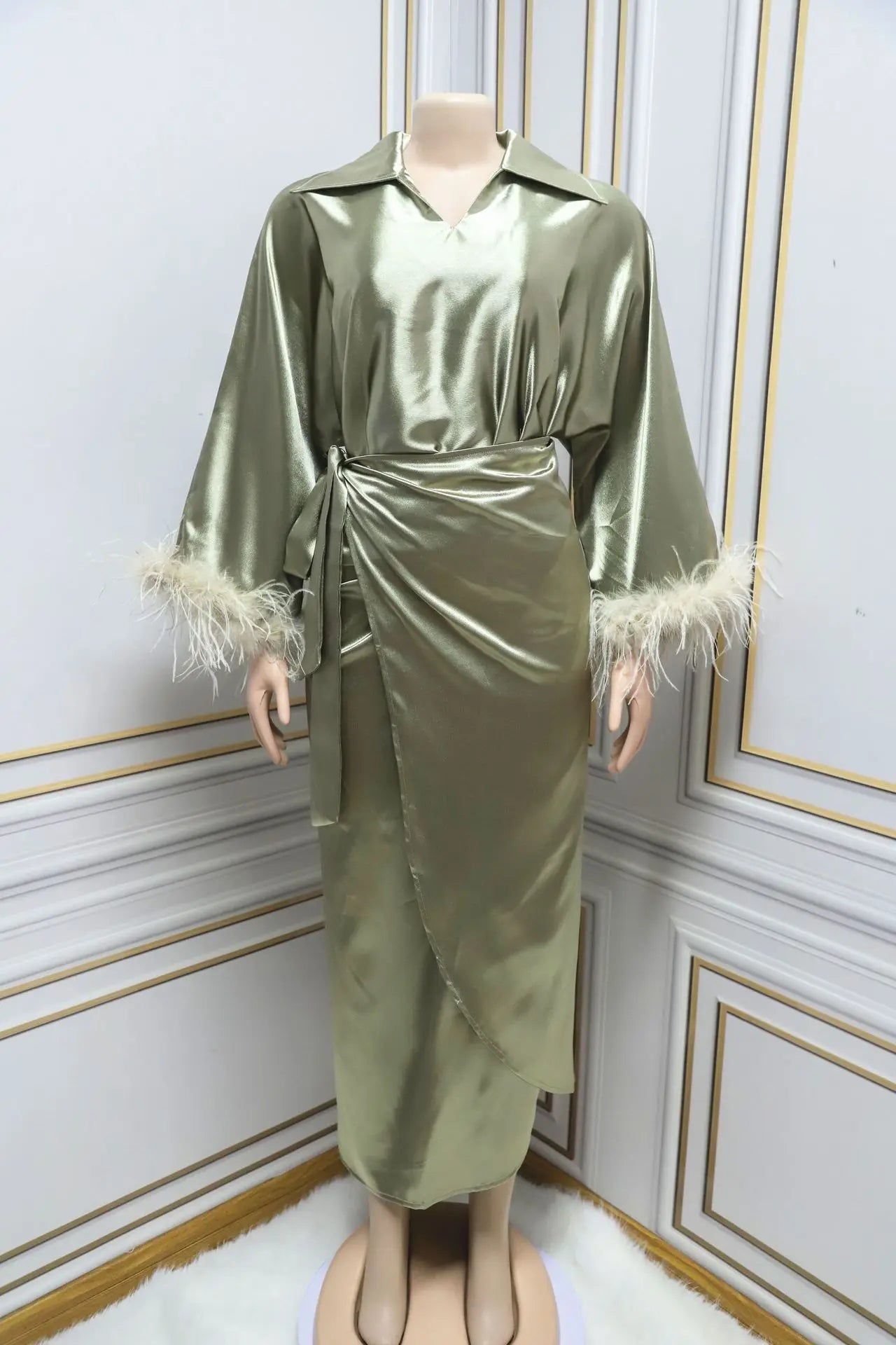 Trendy Long-Sleeve Green Abaya Maxi Dress