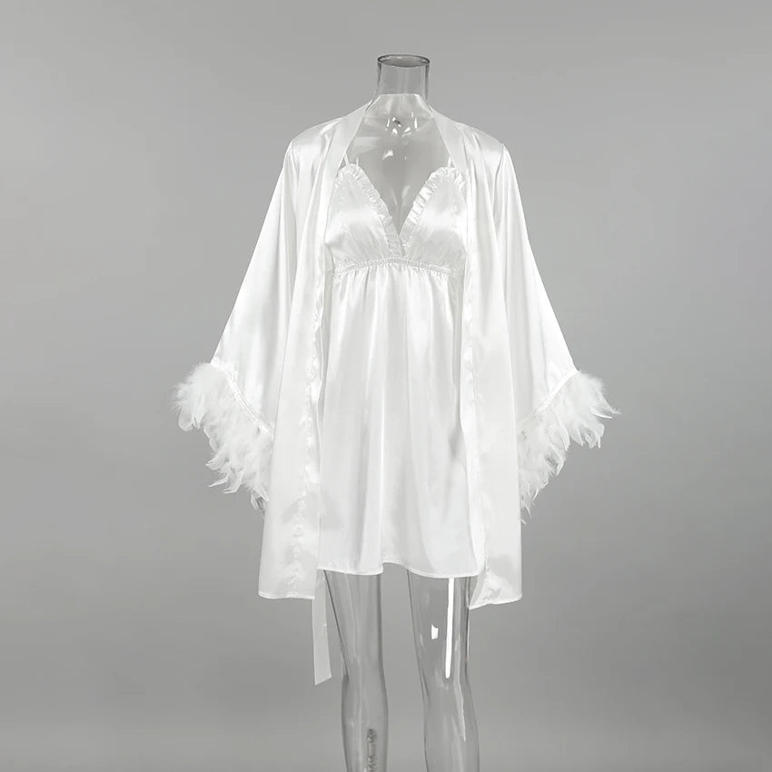 Luxurious 2-Piece V-Neck Robe Set with Feather Trim
