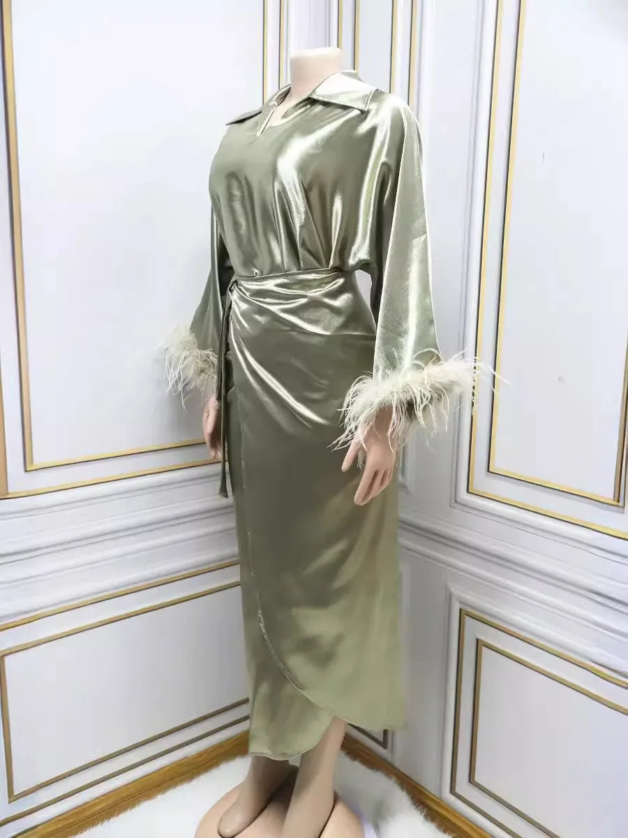 Trendy Long-Sleeve Green Abaya Maxi Dress