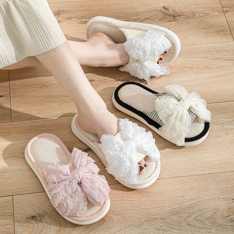 Houndstooth Fairy Bow Linen Summer Slippers