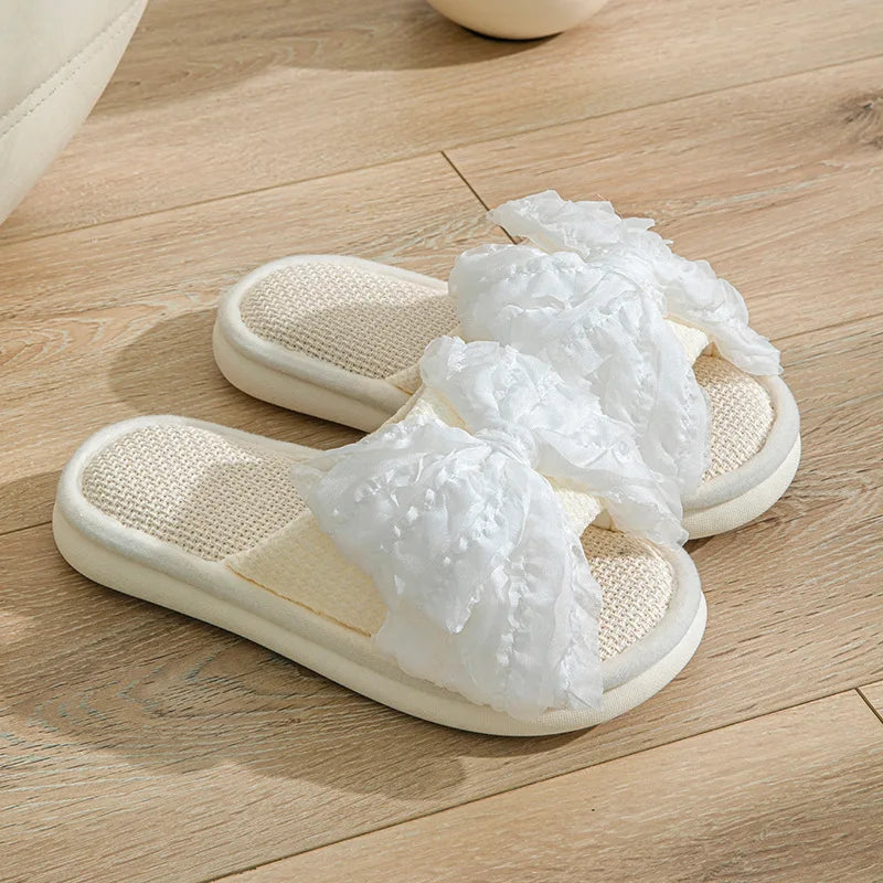 Houndstooth Fairy Bow Linen Summer Slippers