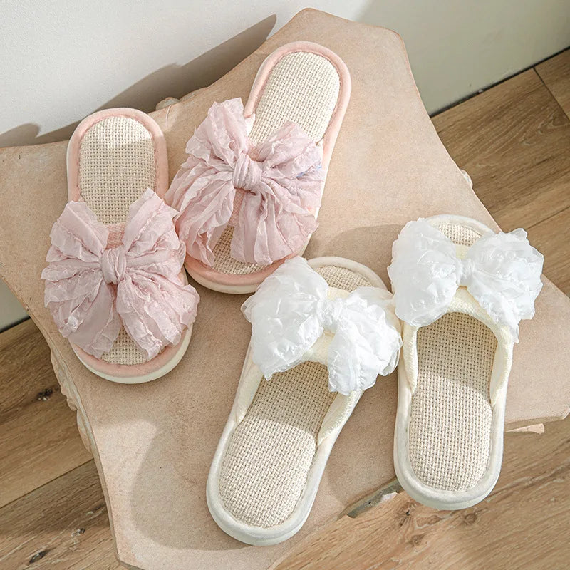 Houndstooth Fairy Bow Linen Summer Slippers