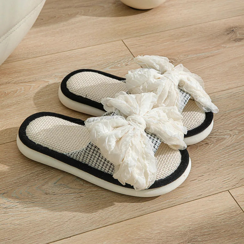 Houndstooth Fairy Bow Linen Summer Slippers