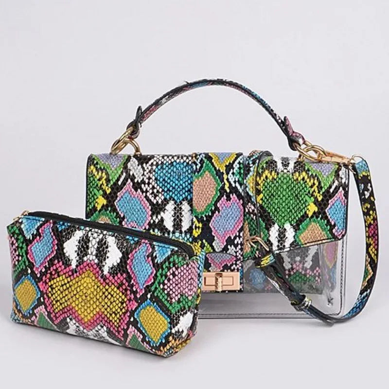 Stylish Snakeskin-Print Handbag and Matching Sandals Set
