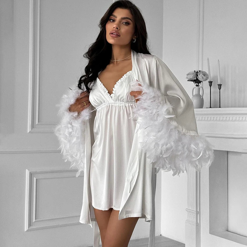 Luxurious 2-Piece V-Neck Robe Set with Feather Trim