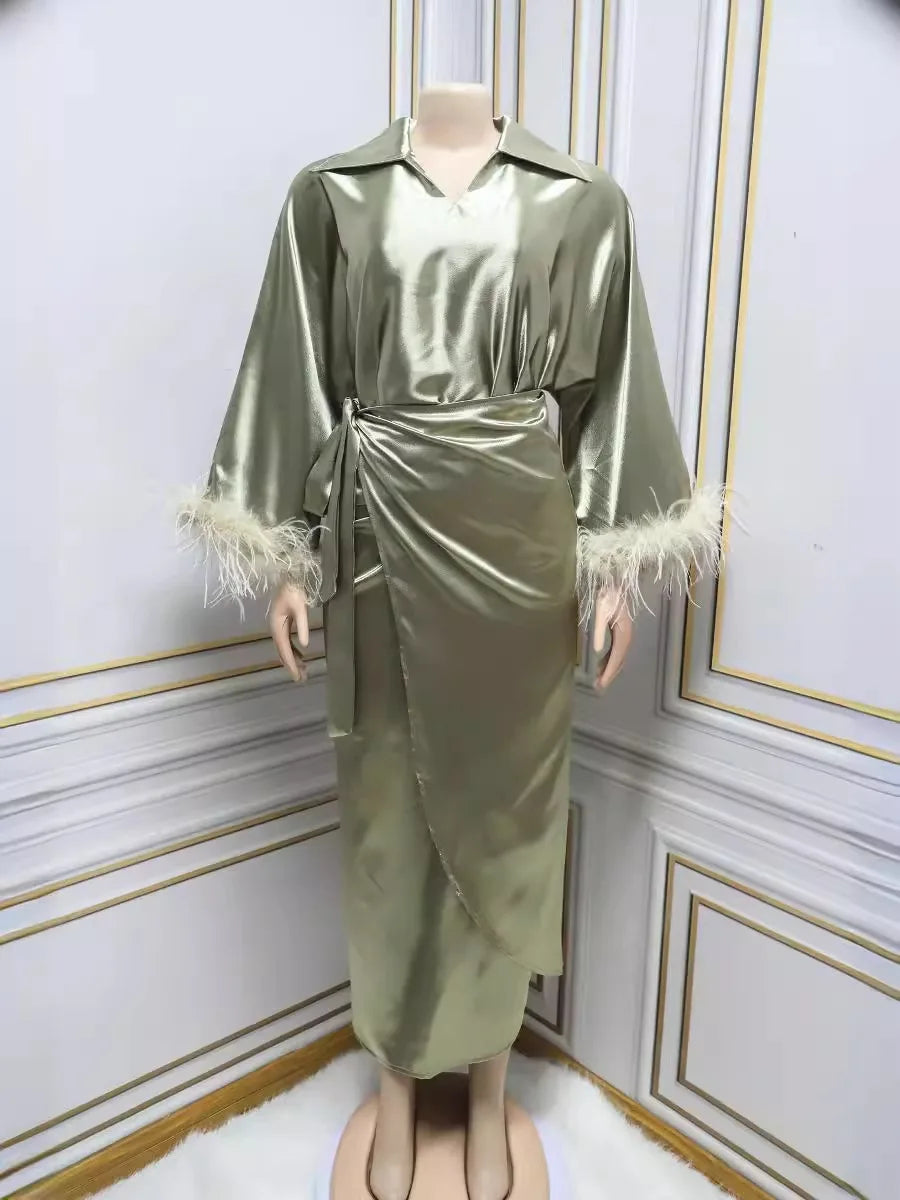 Trendy Long-Sleeve Green Abaya Maxi Dress