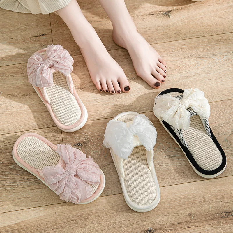 Houndstooth Fairy Bow Linen Summer Slippers