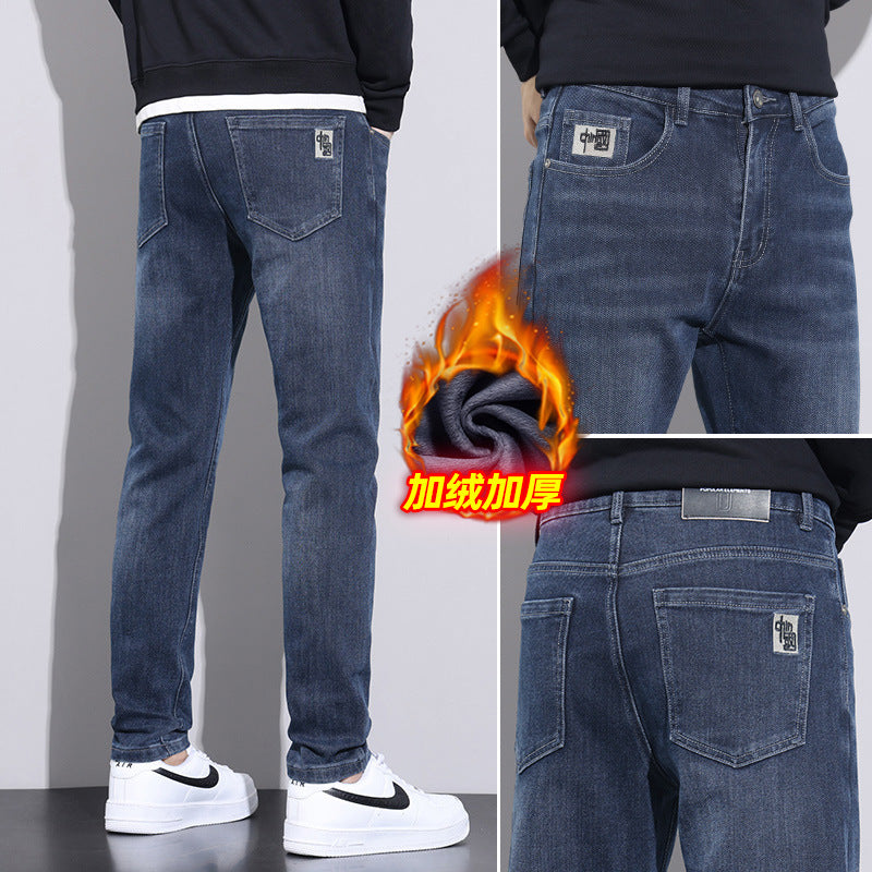 Casual Fleece Cotton Denim Pants for Winter