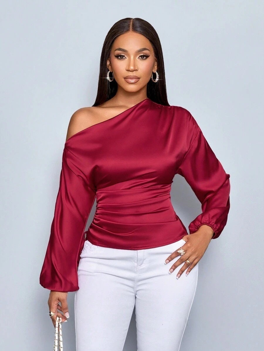 Summer 2026 Satin Pullover Slant Collar Top