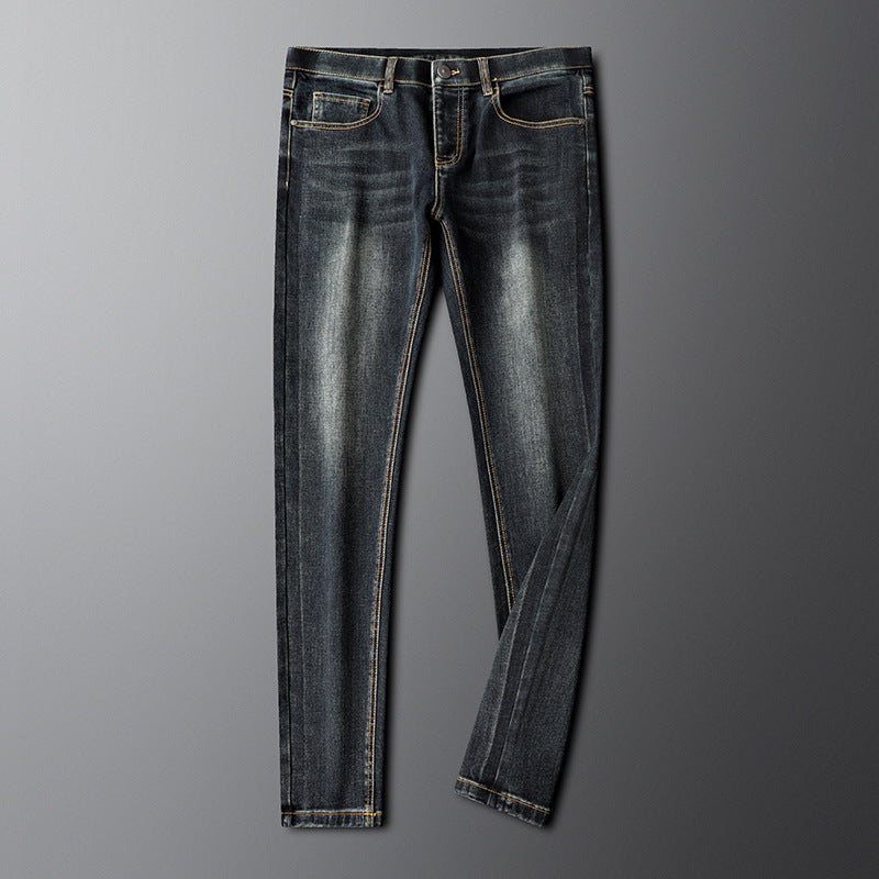 Light Luxury Autumn Classic Blue Casual Jeans Men's Slim-Fit Elastic Small Straight Tube Men's Washed White Business Pants