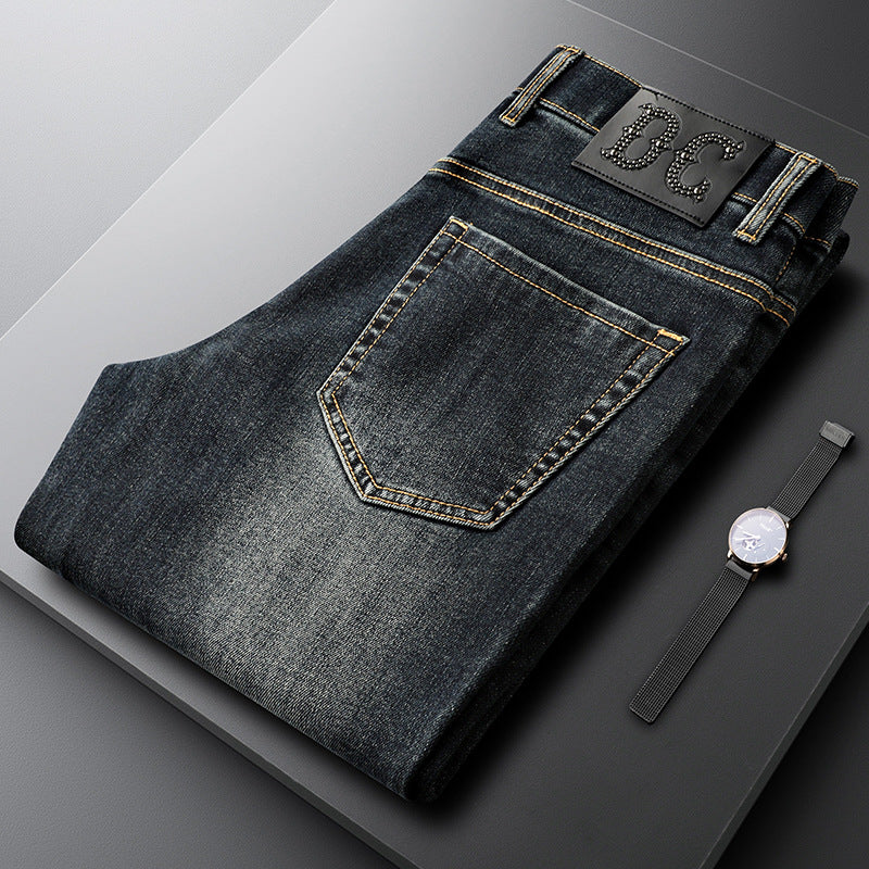 Light Luxury Autumn Classic Blue Casual Jeans Men's Slim-Fit Elastic Small Straight Tube Men's Washed White Business Pants