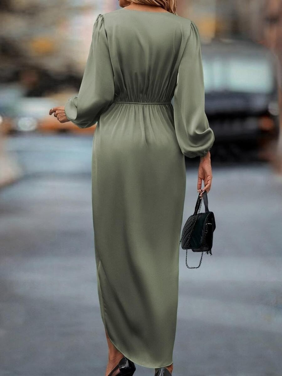 Women's Elegant Satin Slit Maxi Dress - Lantern Sleeve Asymmetrical Design