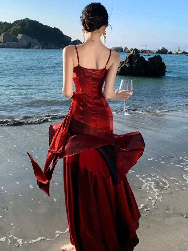 Elegant Ankle-Length Flounced Edge Evening Dress