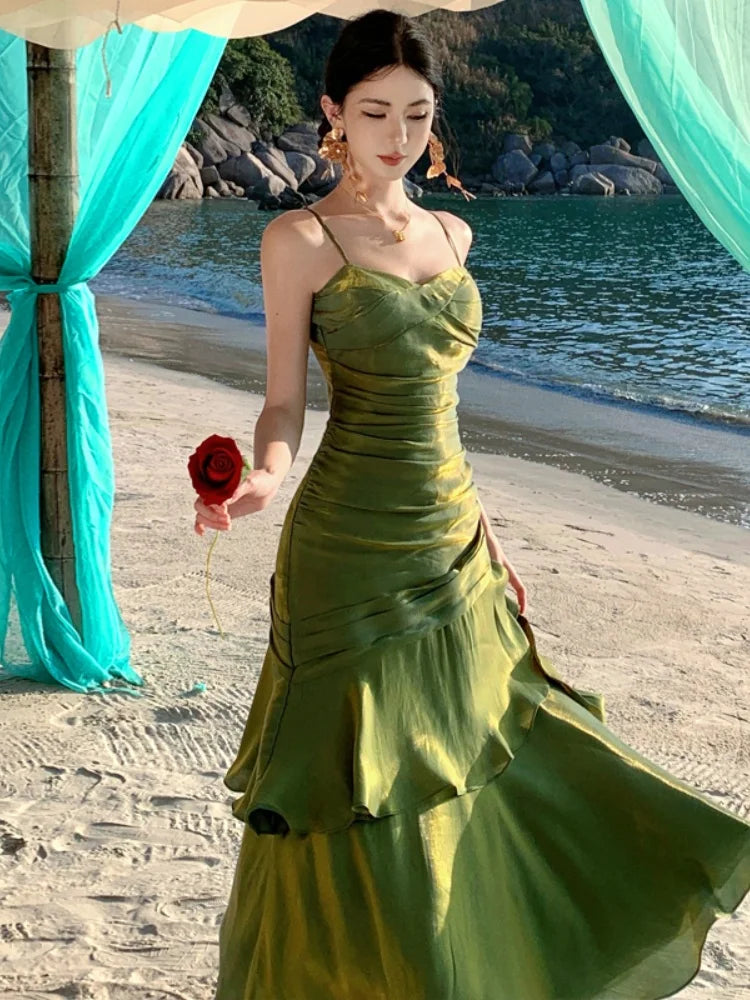 Elegant Ankle-Length Flounced Edge Evening Dress