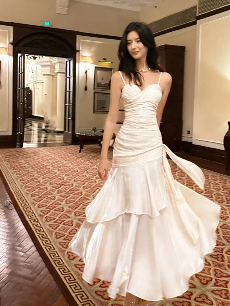 Elegant Ankle-Length Flounced Edge Evening Dress