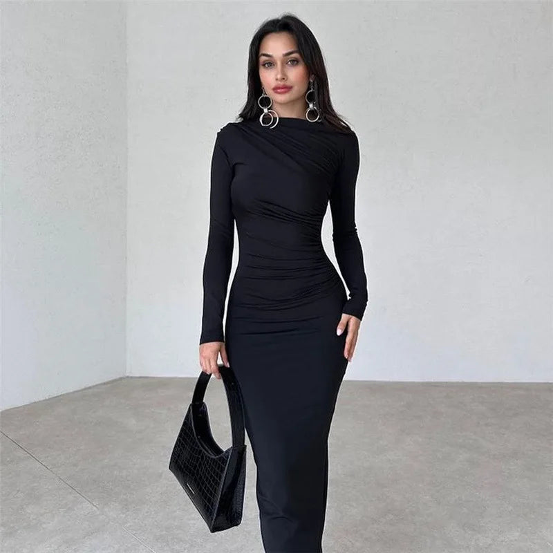 Elegant Slim Fit Ruched Ankle-Length Long Sleeve Dress