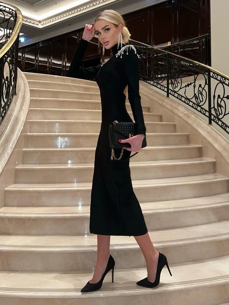 Elegant Black Slim-Fit Tassel Detail Dress