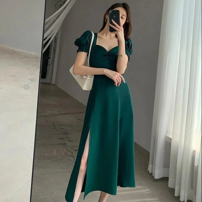 Elegant Slim-Fit Tiered Mid-Calf Dress