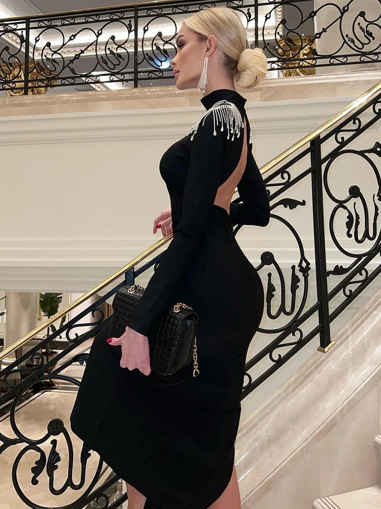 Elegant Black Slim-Fit Tassel Detail Dress