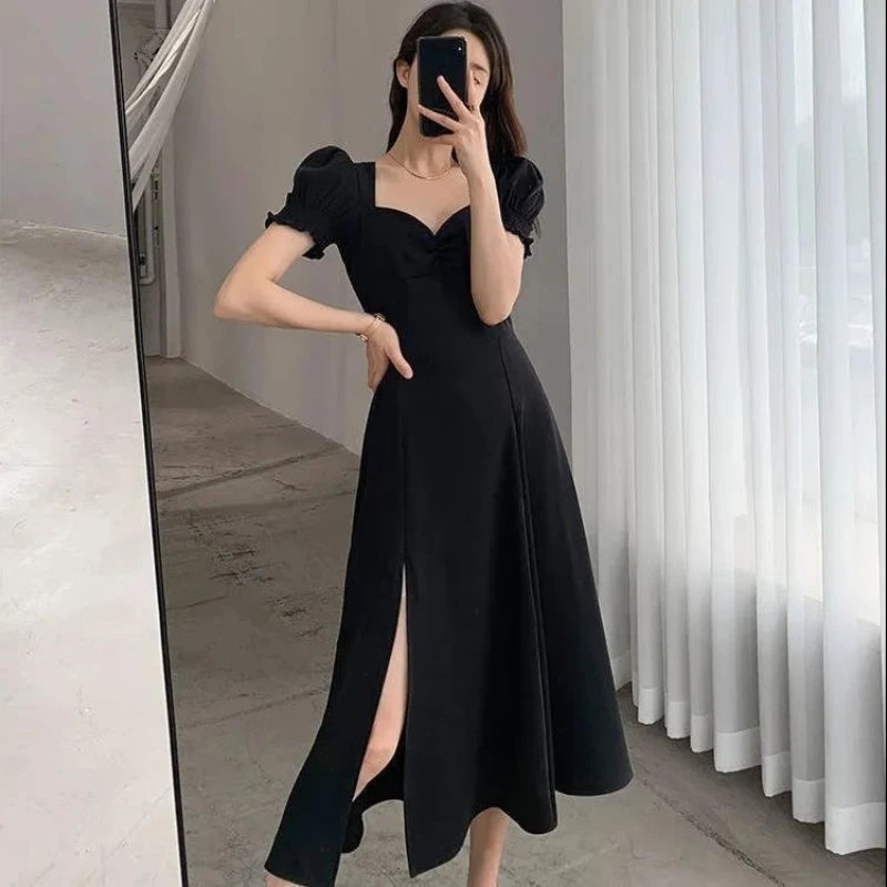 Elegant Slim-Fit Tiered Mid-Calf Dress