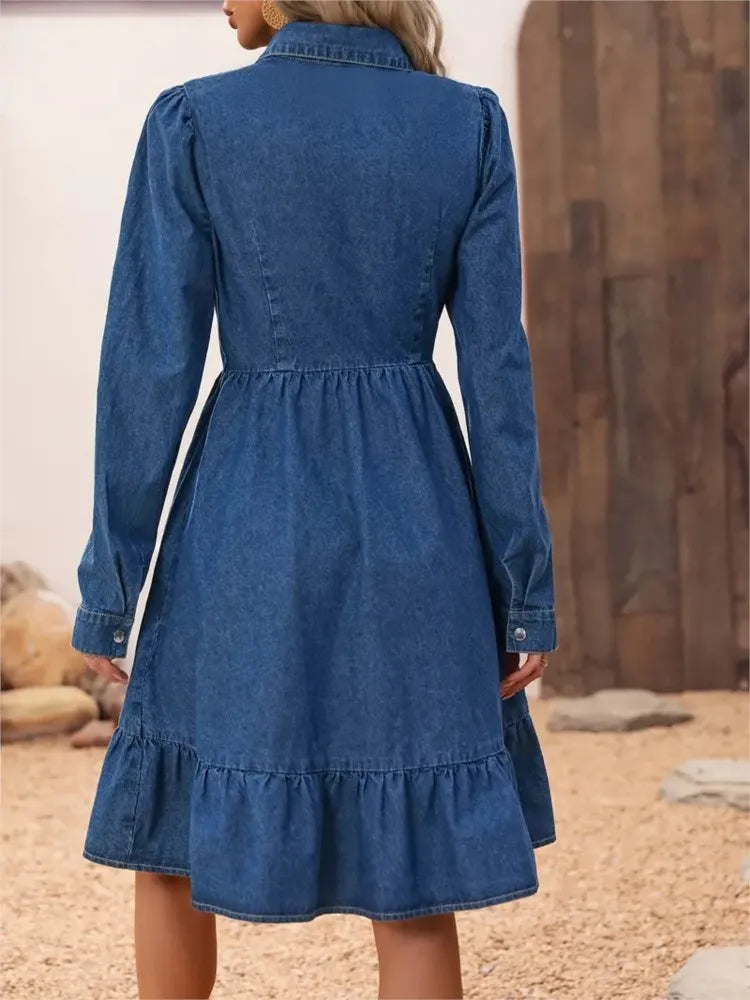 Casual Denim-Style Knee-Length Dress with Pockets