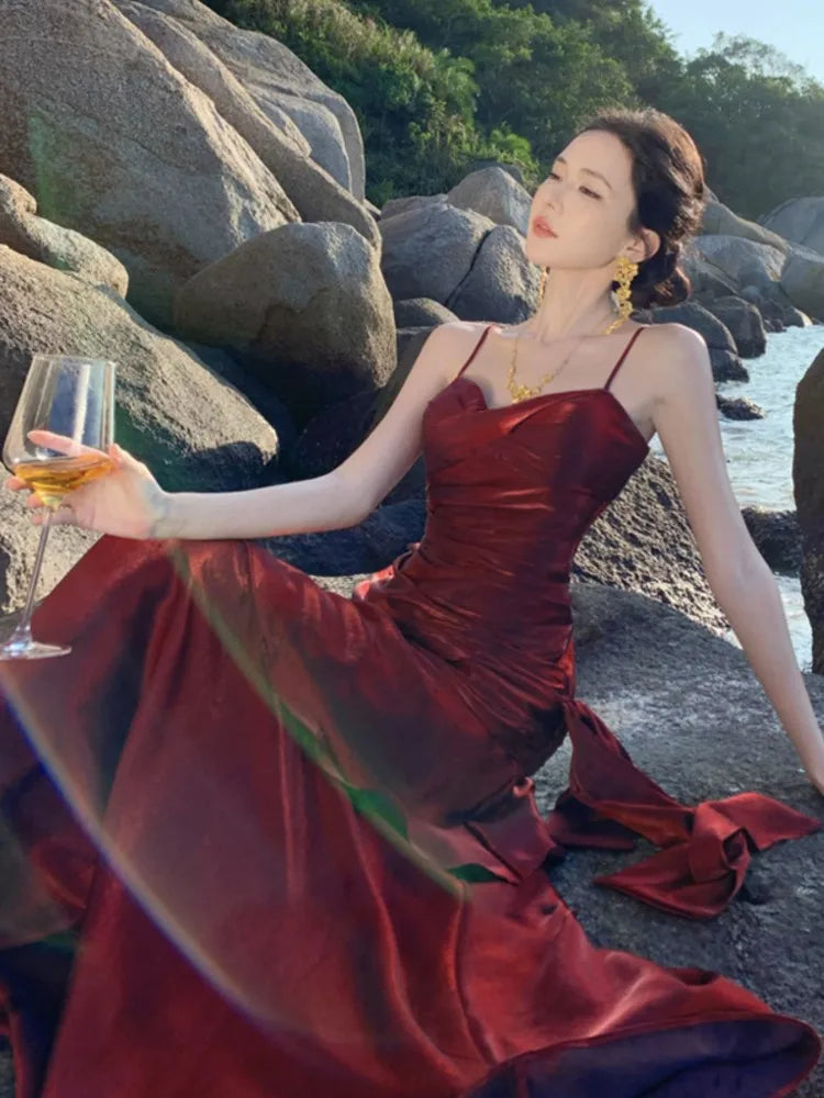 Elegant Ankle-Length Flounced Edge Evening Dress