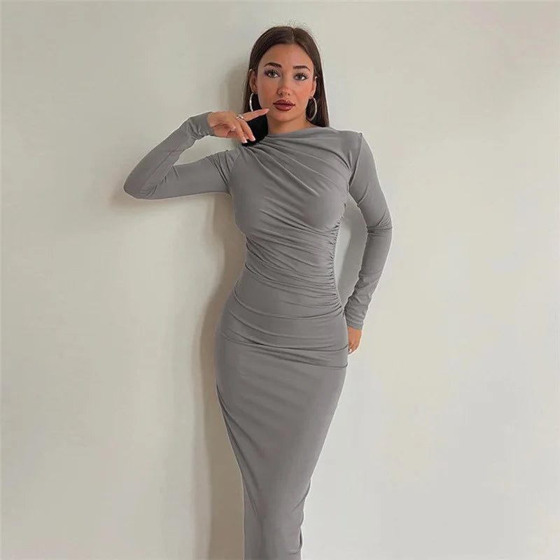 Elegant Slim Fit Ruched Ankle-Length Long Sleeve Dress