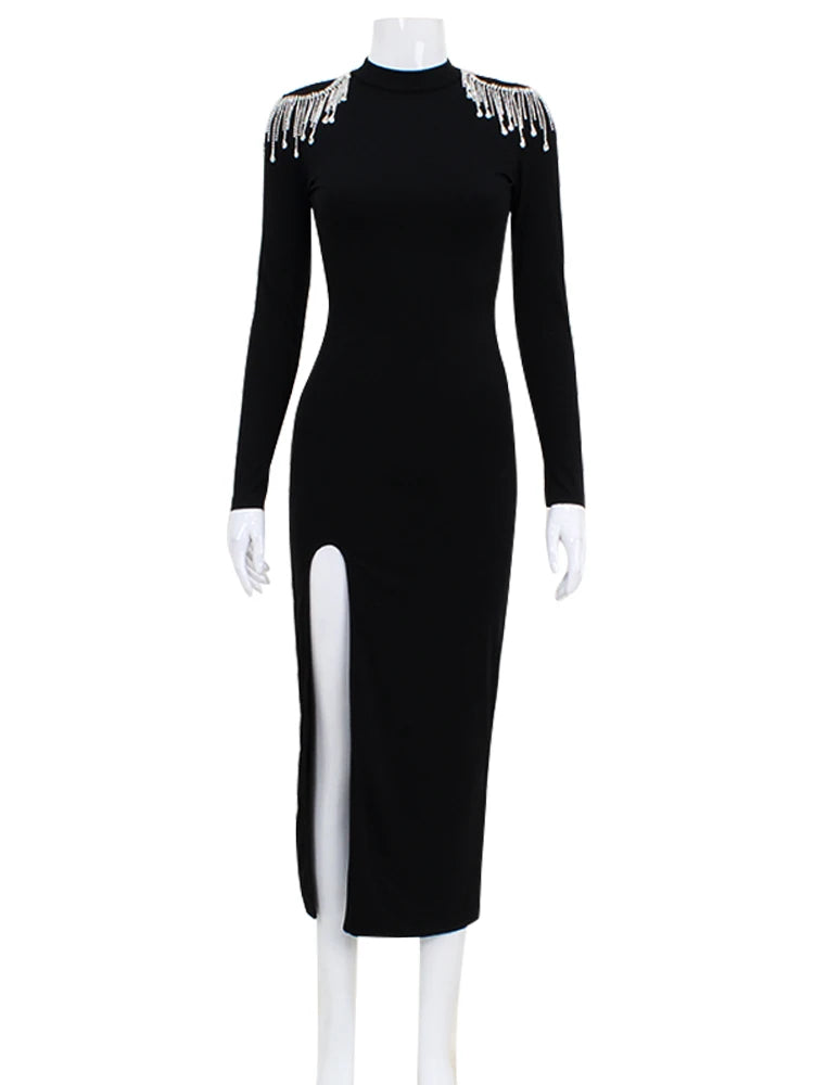 Elegant Black Slim-Fit Tassel Detail Dress