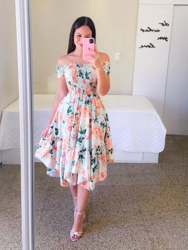 Elegant Floral Off-Shoulder Summer Dress