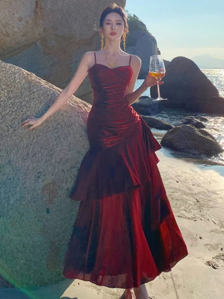 Elegant Ankle-Length Flounced Edge Evening Dress