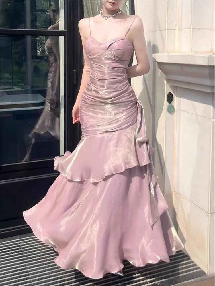 Elegant Ankle-Length Flounced Edge Evening Dress