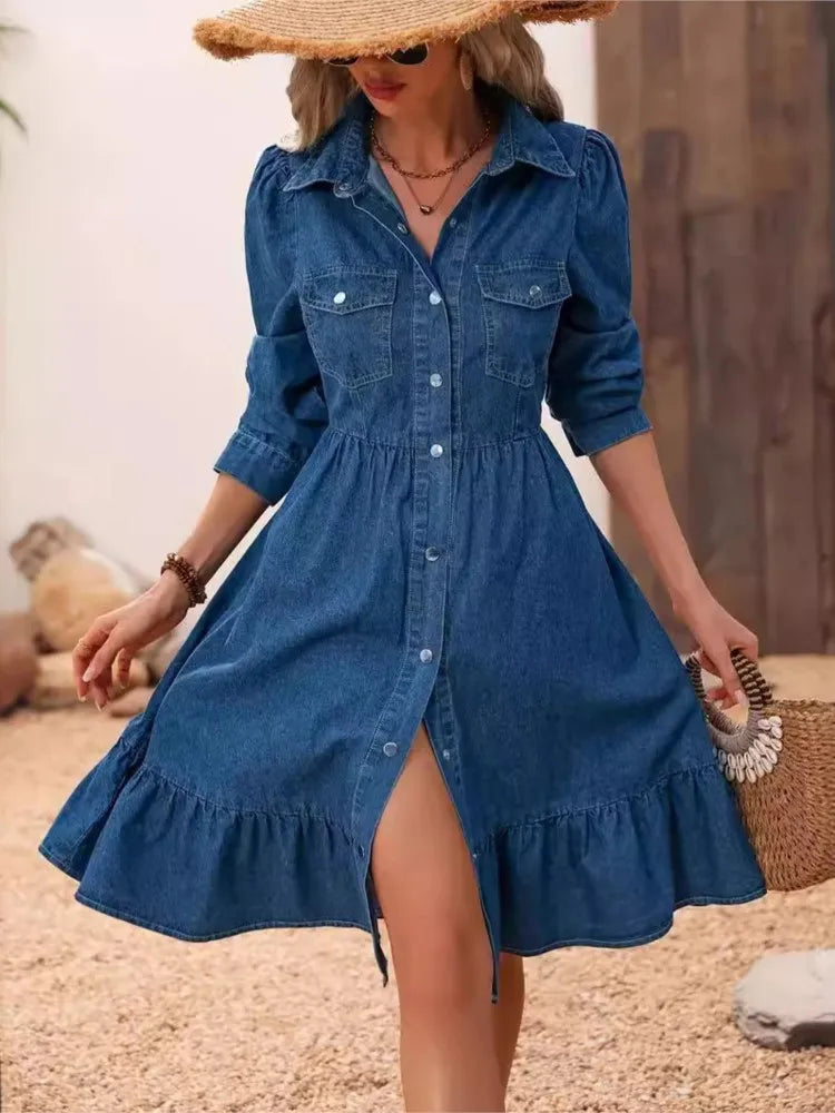 Casual Denim-Style Knee-Length Dress with Pockets