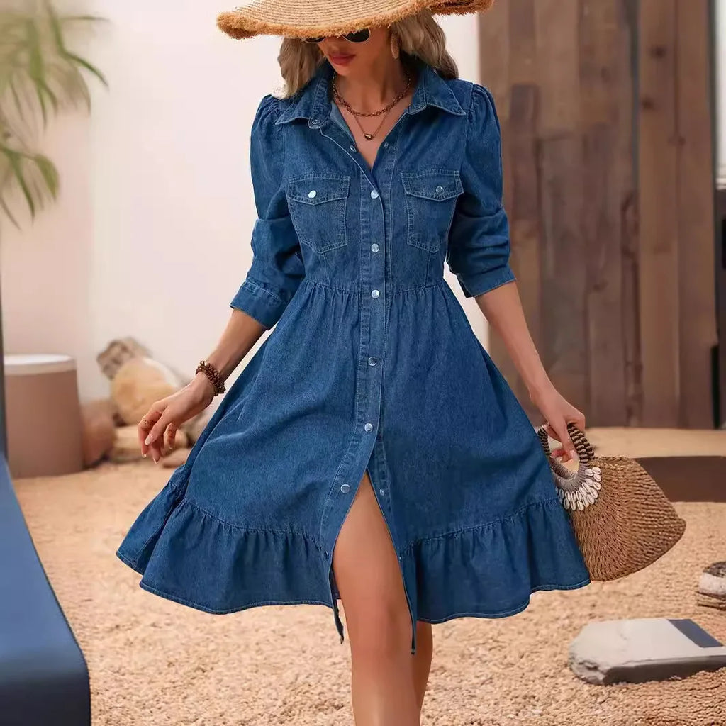 Casual Denim-Style Knee-Length Dress with Pockets