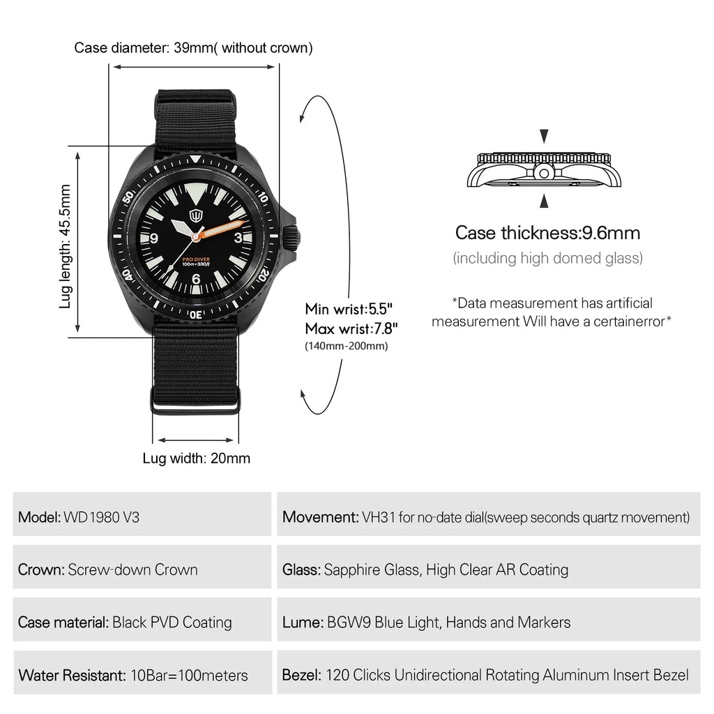 Watchdives WD1980 V3 Luxury Watch VH31 Sweep Seconds Quartz Movement AR Coating Sapphire Glass 10Bar Waterproof Men's Watches