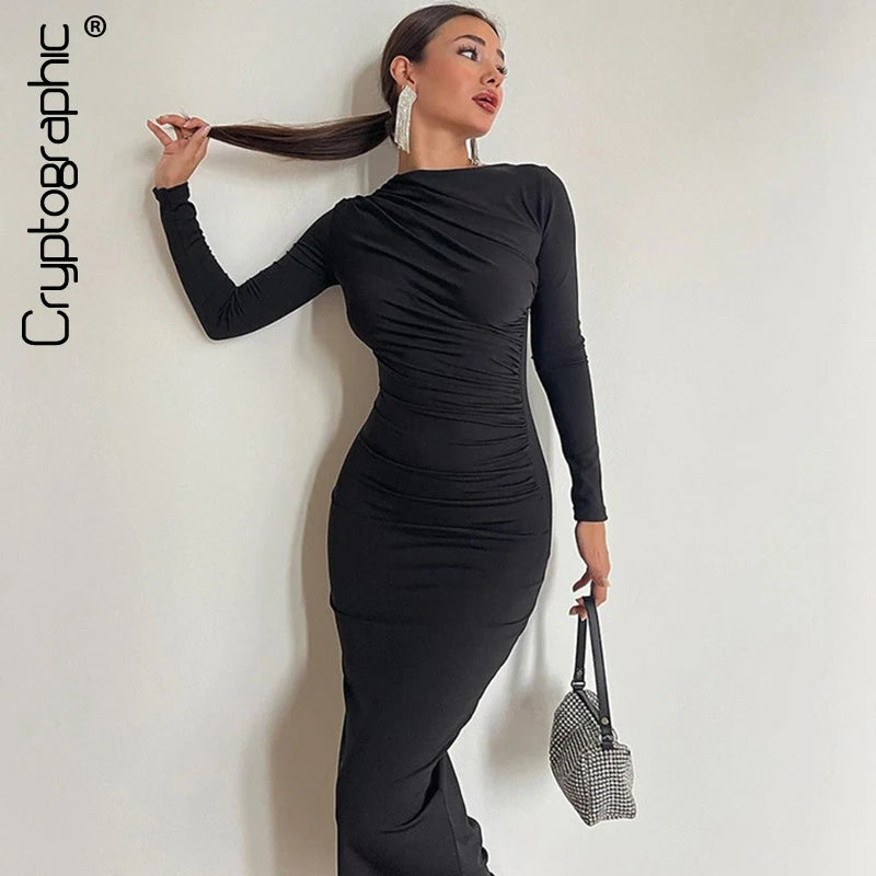Elegant Slim Fit Ruched Ankle-Length Long Sleeve Dress