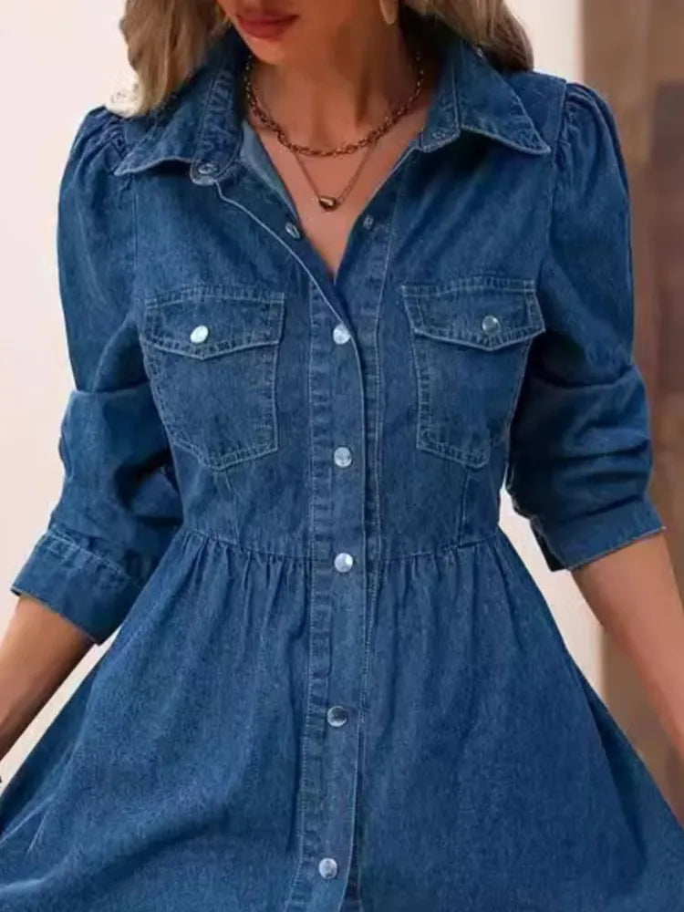 Casual Denim-Style Knee-Length Dress with Pockets