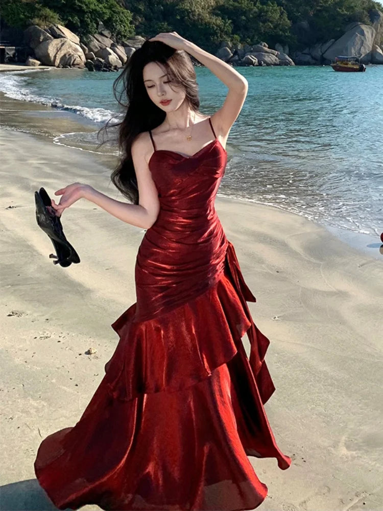 Elegant Ankle-Length Flounced Edge Evening Dress