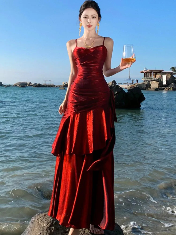 Elegant Ankle-Length Flounced Edge Evening Dress