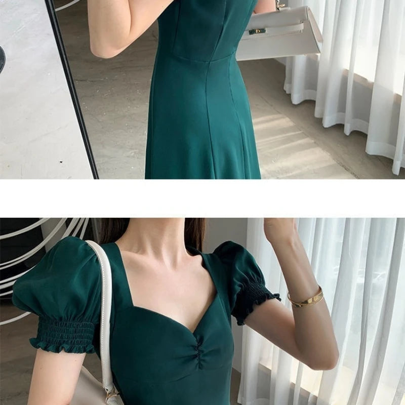 Elegant Slim-Fit Tiered Mid-Calf Dress