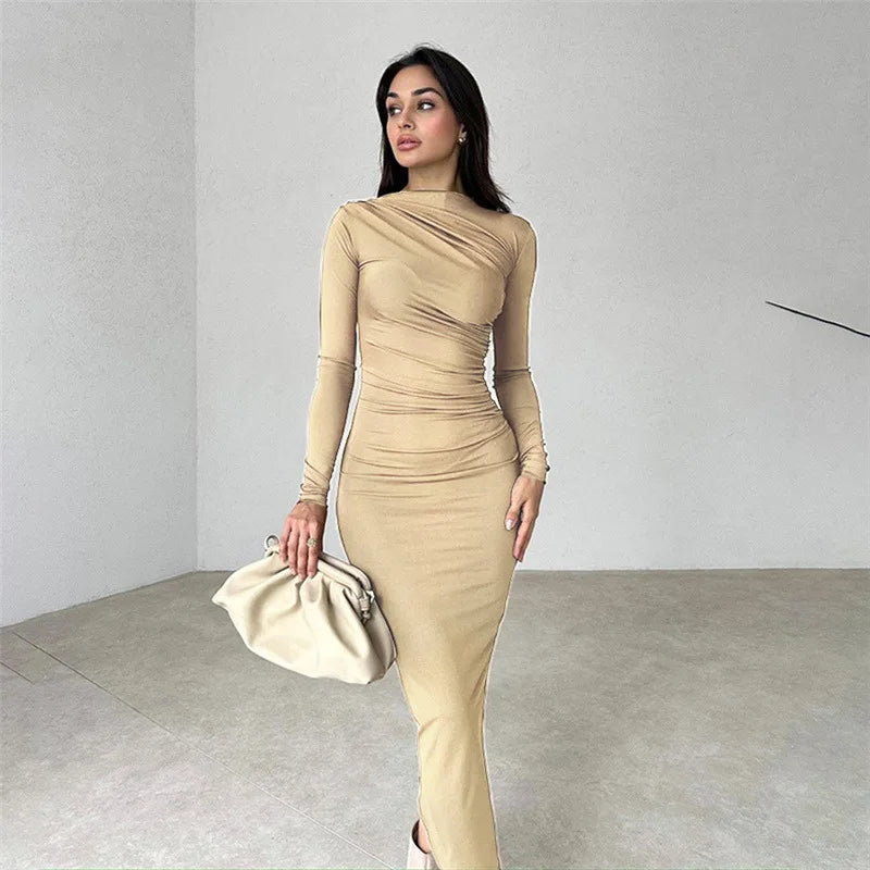 Elegant Slim Fit Ruched Ankle-Length Long Sleeve Dress