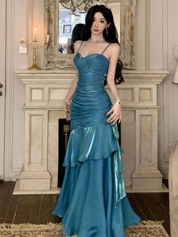 Elegant Ankle-Length Flounced Edge Evening Dress
